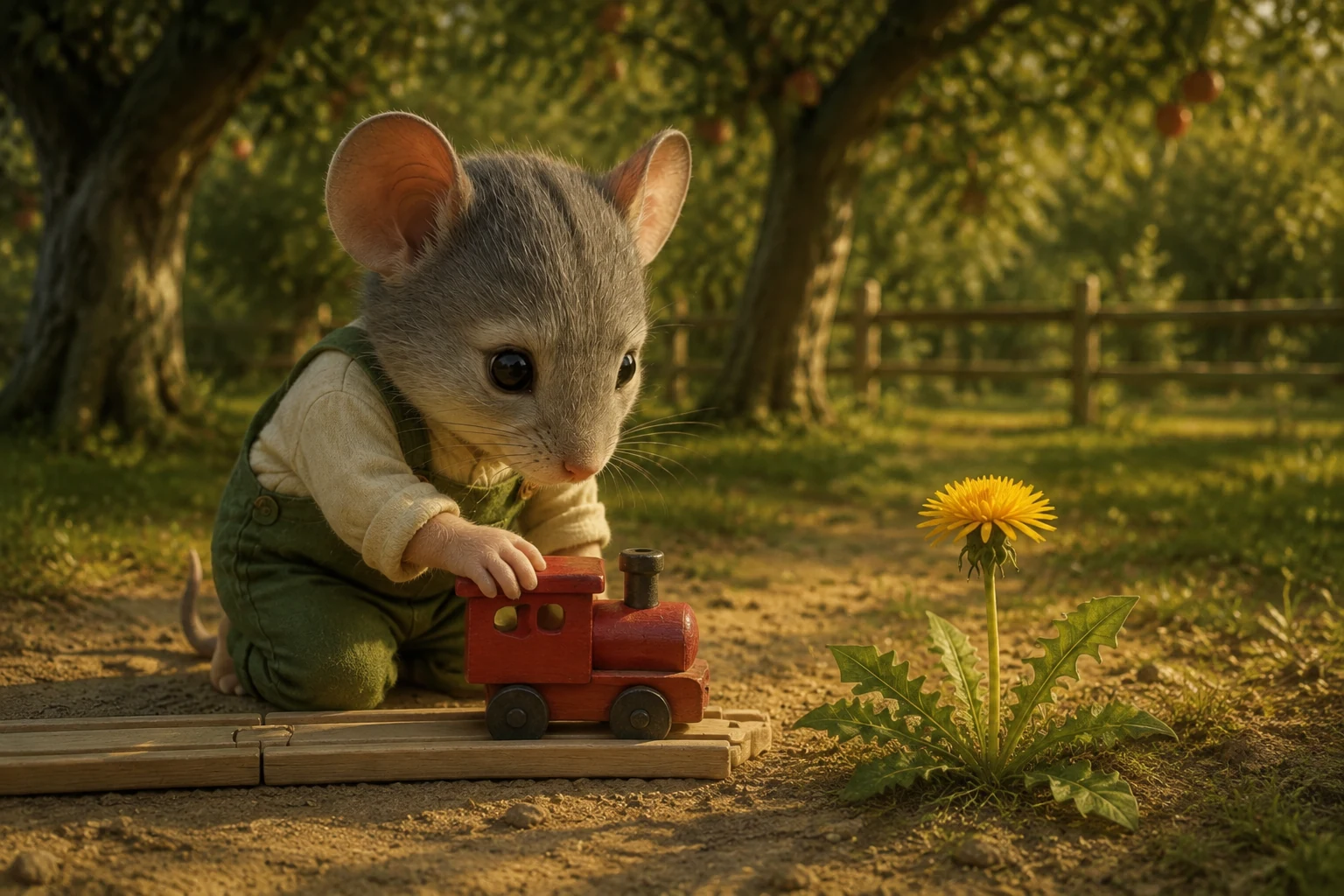Jem stops his red toy engine at the end of a straight track just before a yellow dandelion.