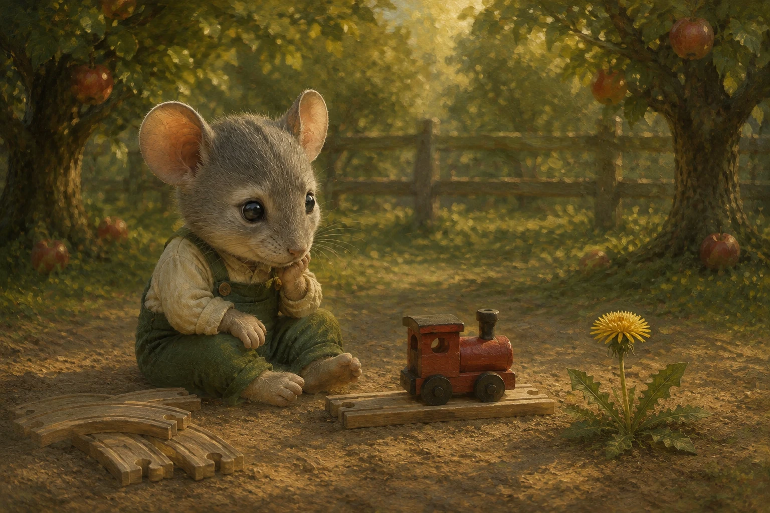 Jem rests his paw against his chin beside the stopped train, with unused curved tracks piled nearby.