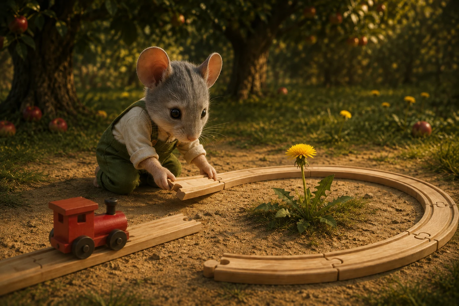 Jem fits more curved track behind the dandelion while the red engine waits on a separate straight section.