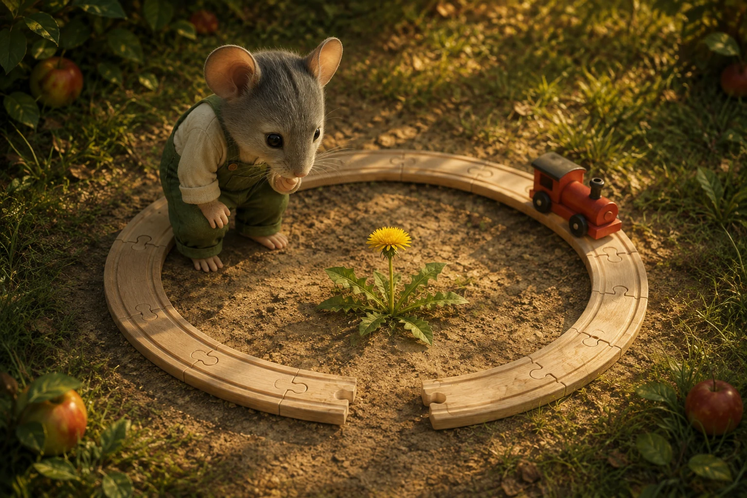 Jem studies the open gap between two ends of an almost circular railway around the yellow flower.