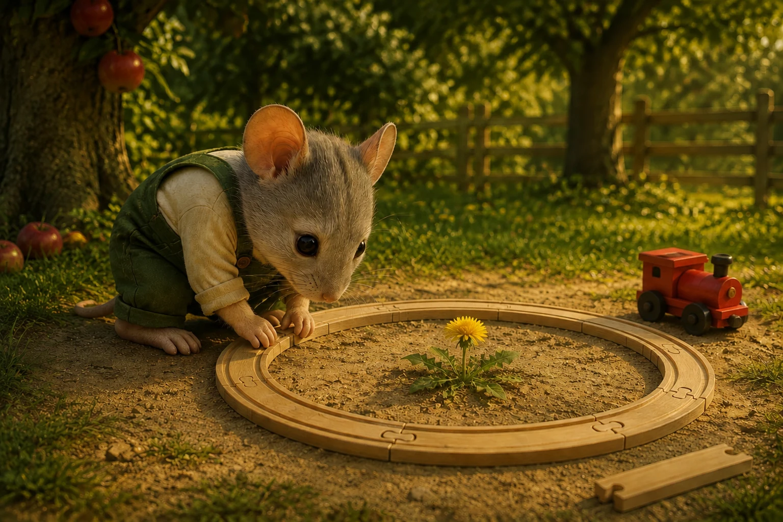 Jem presses a track joint closed in the complete circle, with one removed straight piece lying outside.