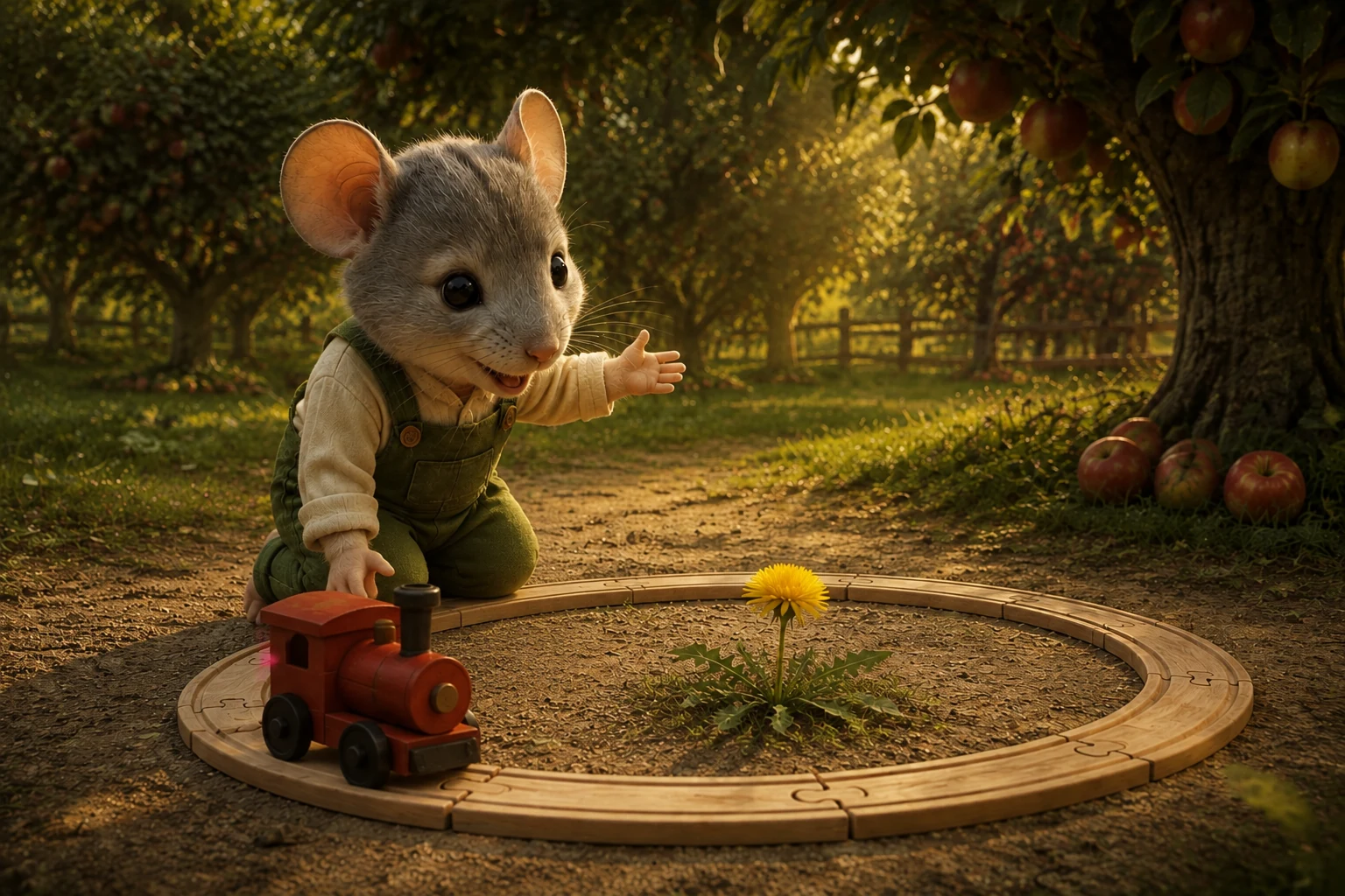 Jem raises a welcoming paw beside the red engine now standing on the circular wooden railway.