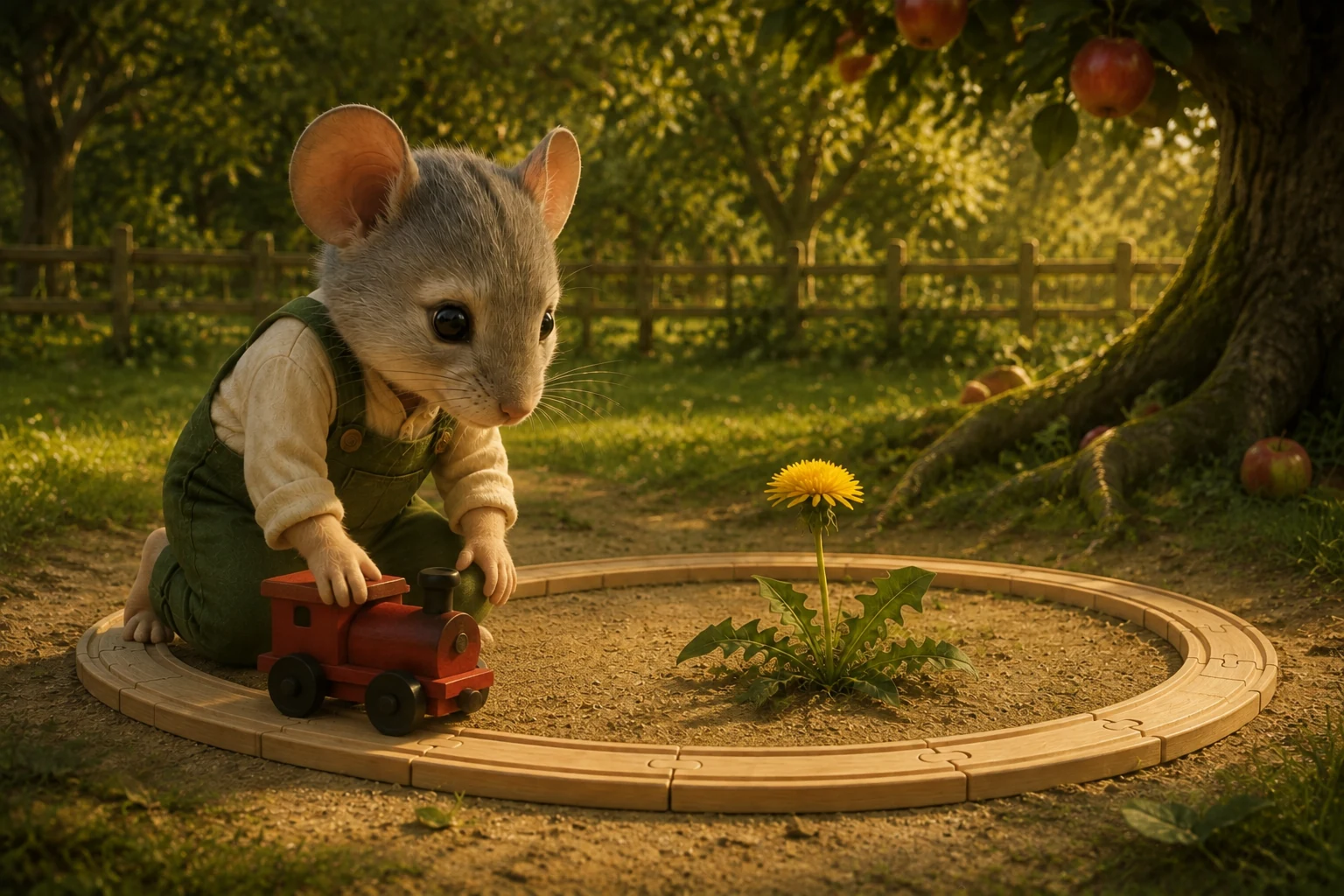 Jem pushes the red wooden engine along the near side of the track around the dandelion.