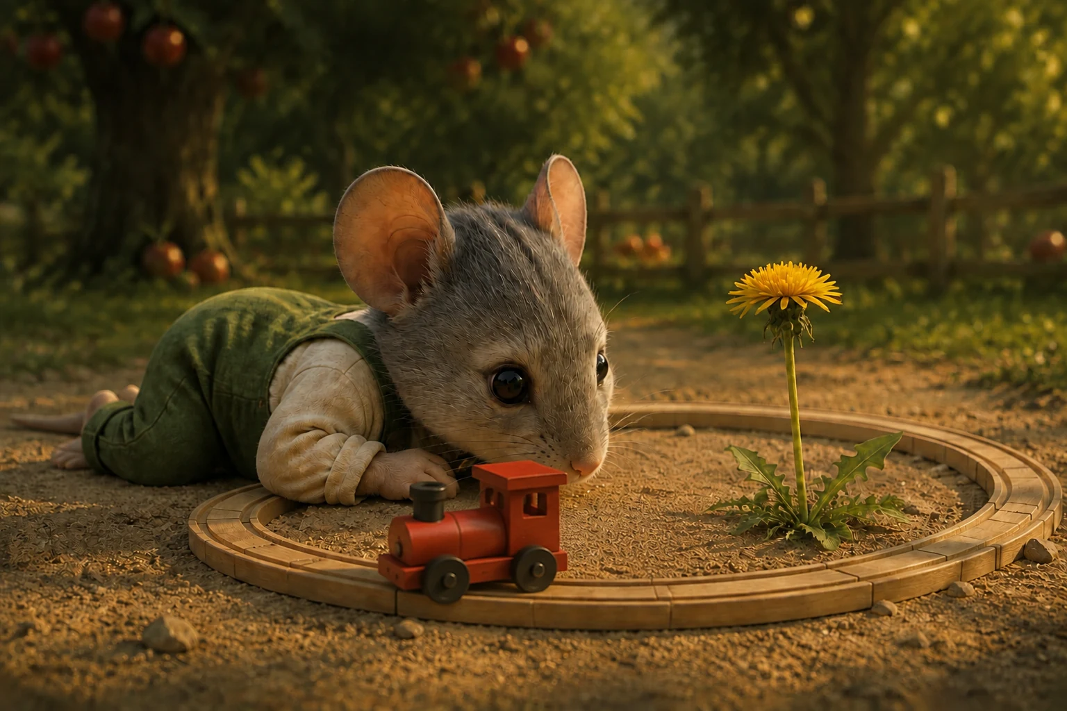 Jem lies with his cheek close to the sand, looking past the parked engine toward the tall yellow flower.