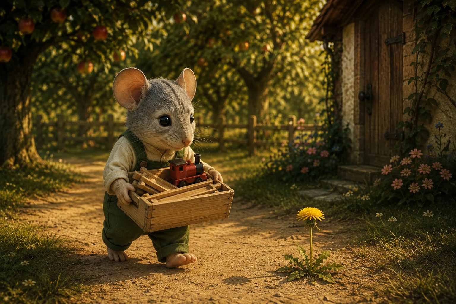 Jem carries his wooden track box and red engine toward home, leaving the dandelion growing in the orchard.
