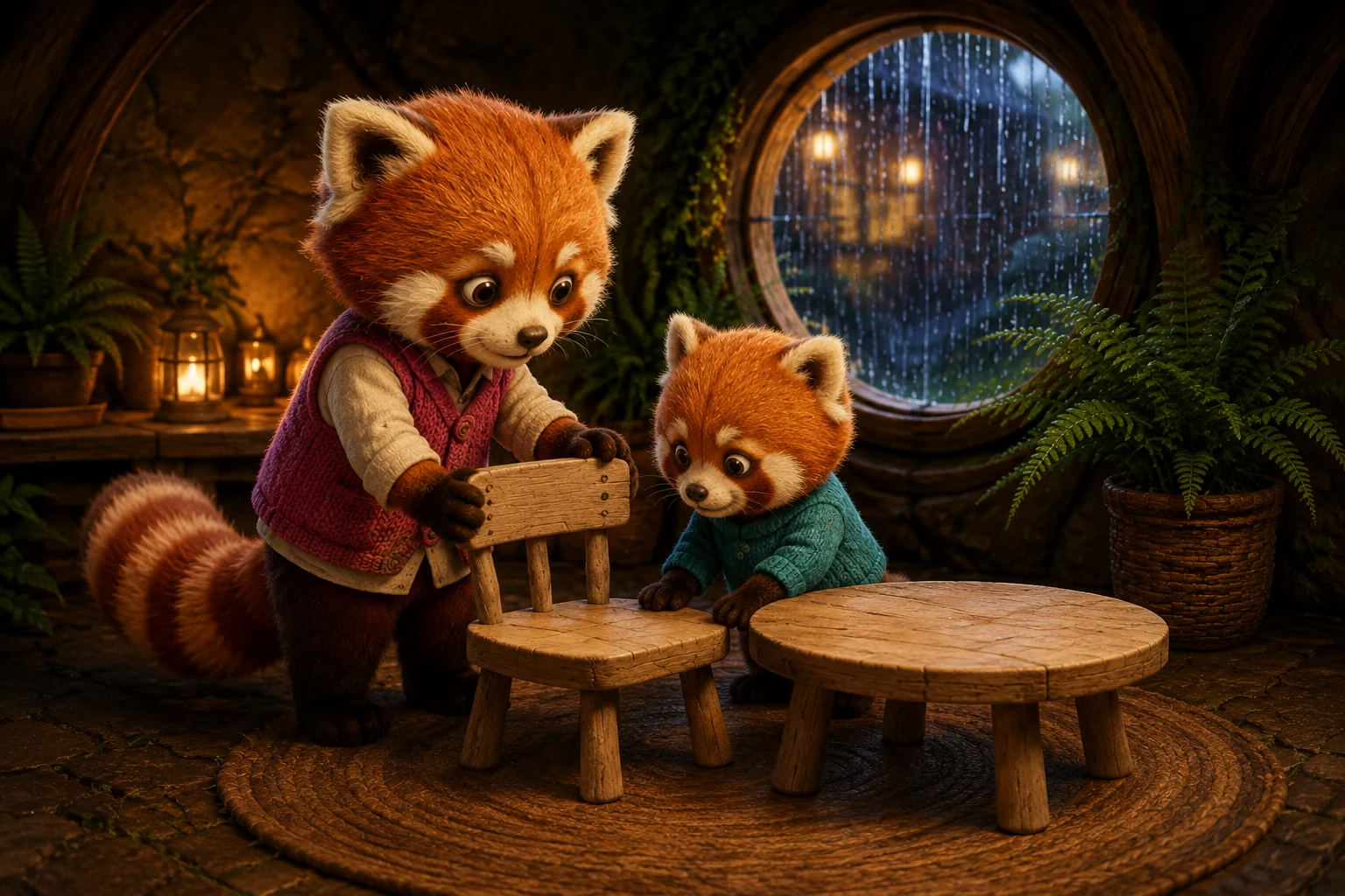 Ori holds a small empty wooden chair beside a round table while Ben looks closely at its seat.