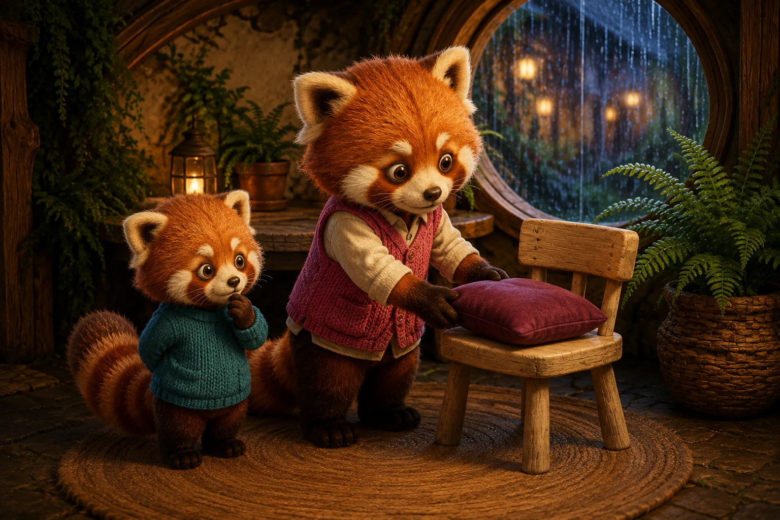 Ori places a square plum cushion on the wooden chair while Ben watches with a paw near his mouth.