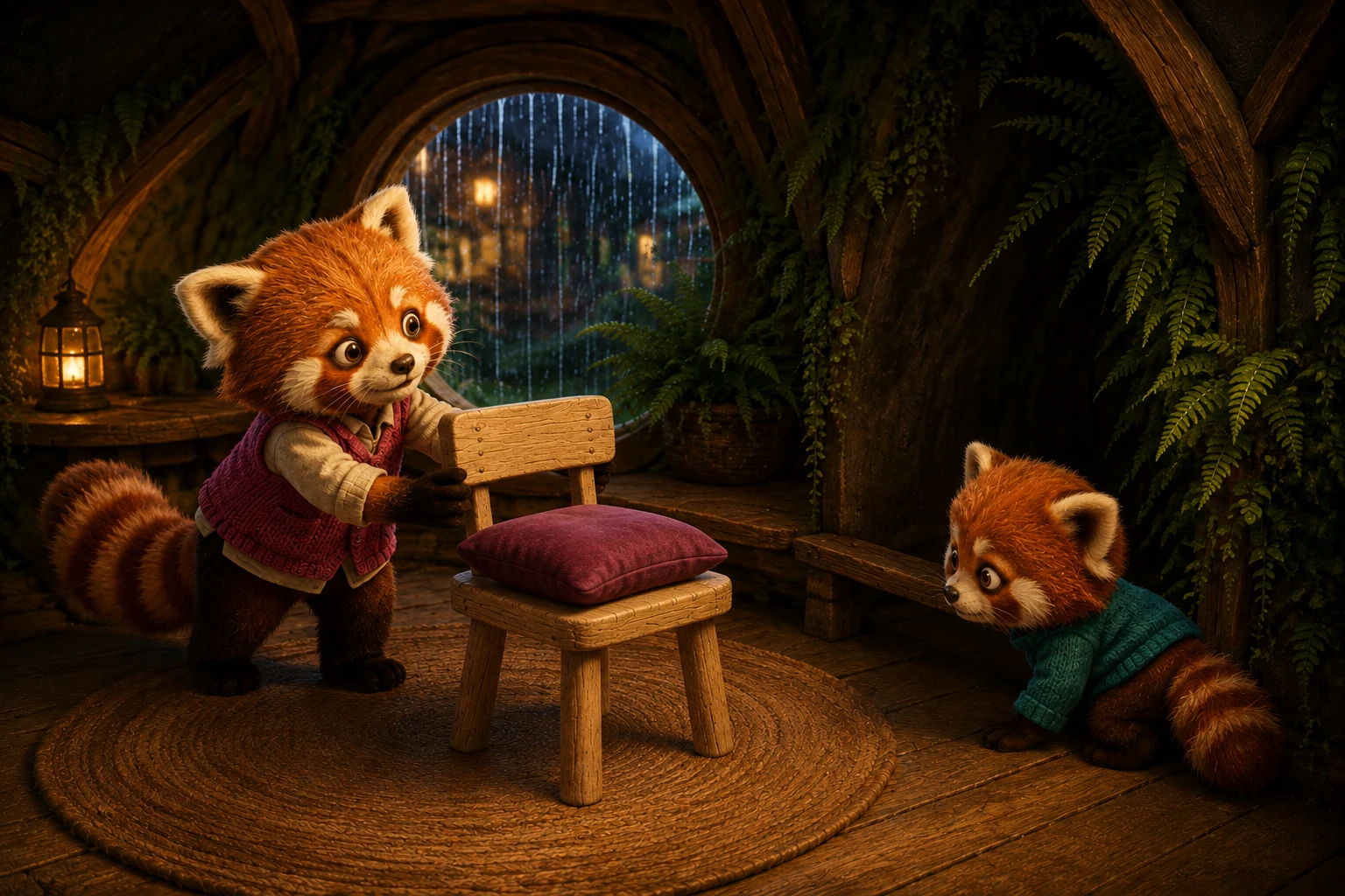 Ori pulls the cushioned wooden chair away from the wall as Ben crouches to look behind it.