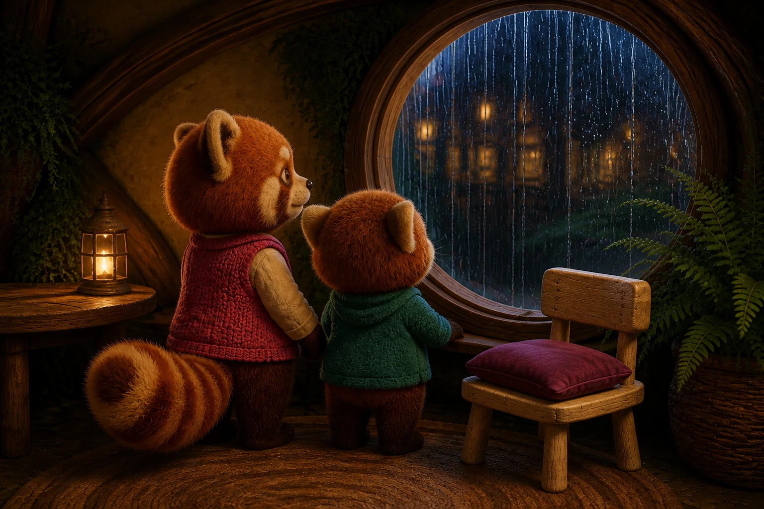 Ori and Ben look through the round rain streaked window beside their small chair with its plum cushion.