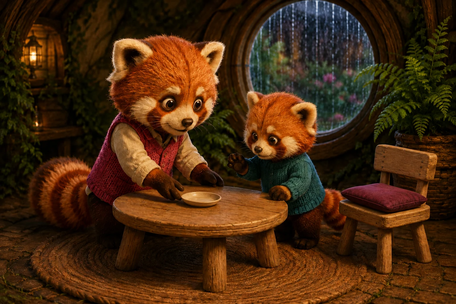 Ori sets a small plain saucer on the table while Ben raises one paw to compare its size.