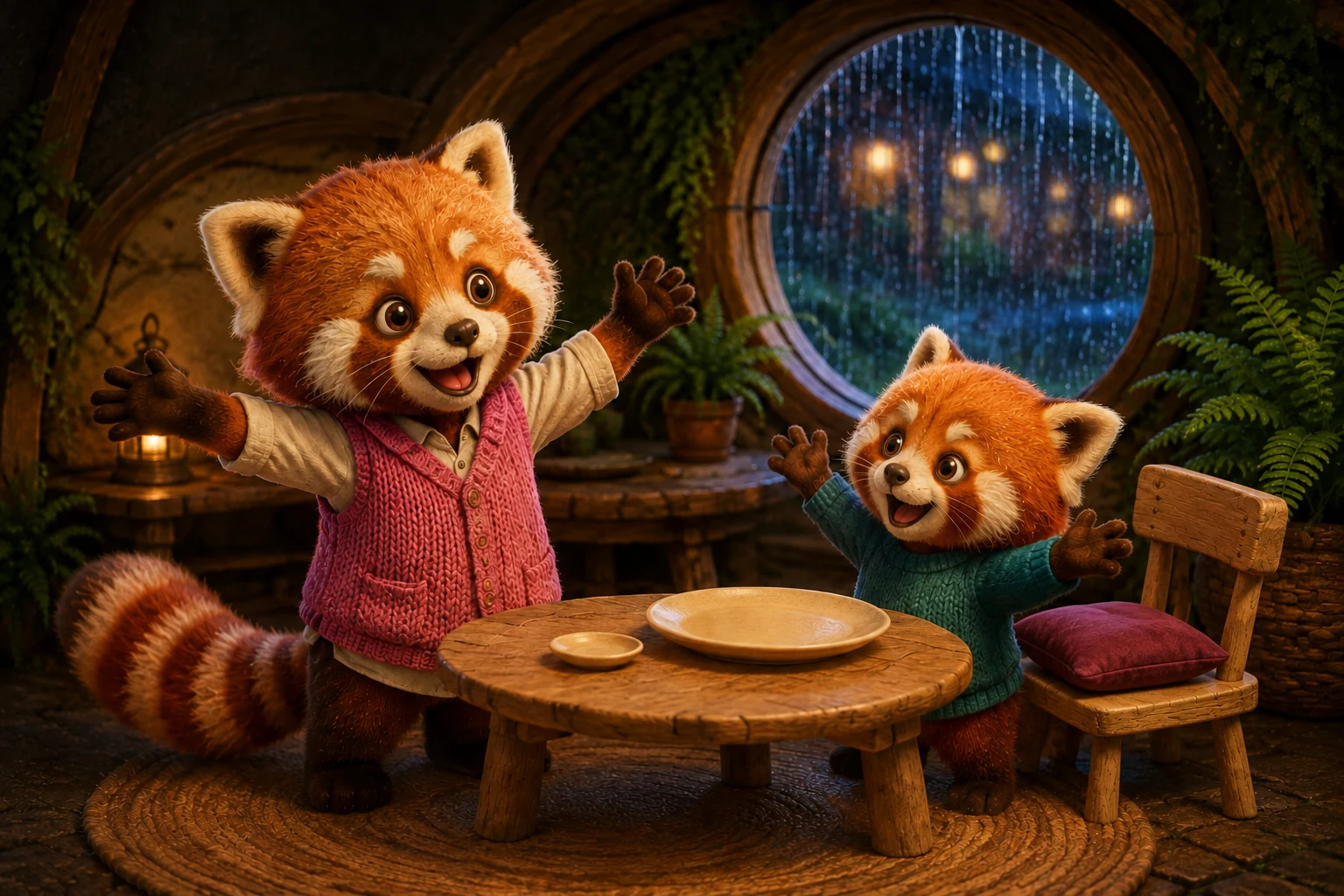 Ori and Ben spread their paws wide beside a table holding a large plate and a small saucer.