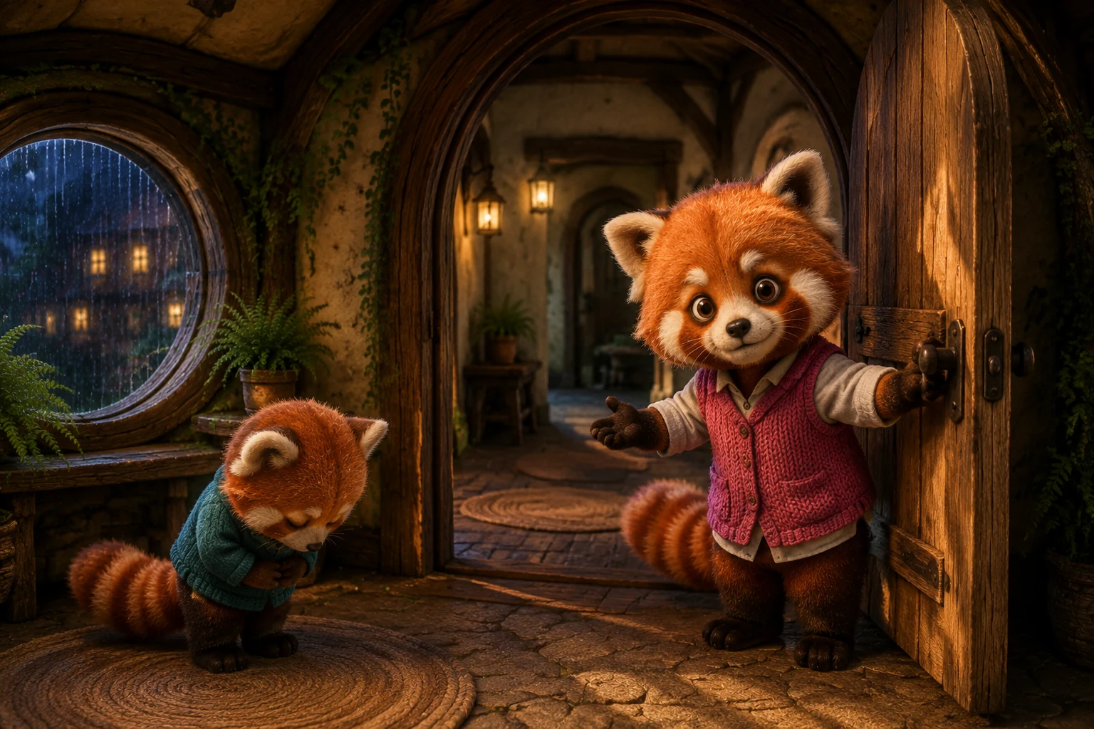 Ori opens the room door while Ben bows toward the empty hallway beyond the threshold.