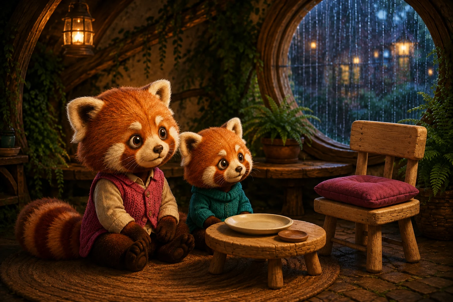 Ori and Ben sit quietly on the rug beside the empty cushioned chair and two plain dishes.