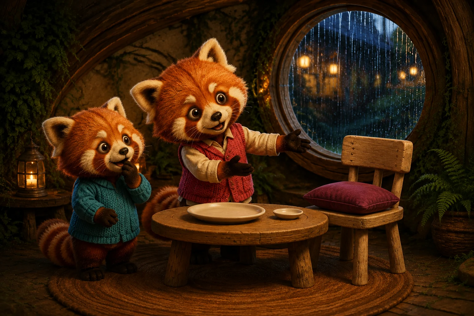 Ori gestures toward the empty chair while Ben smiles with one paw raised near his mouth.