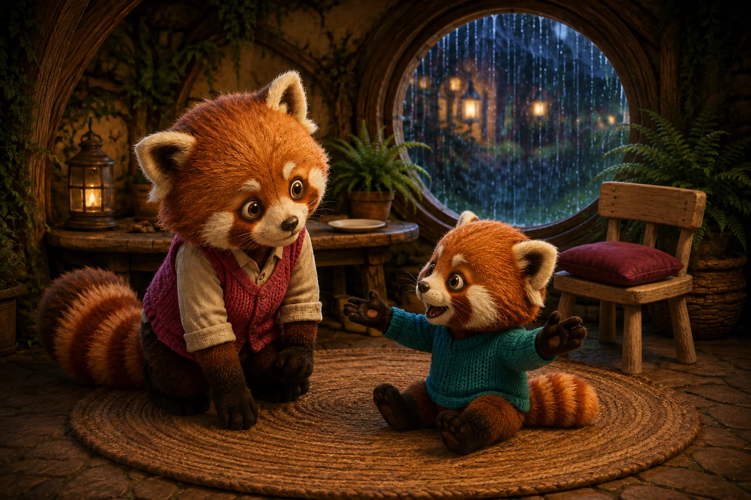 Ben spreads his paws as he tells a story, and Ori kneels beside him to listen.