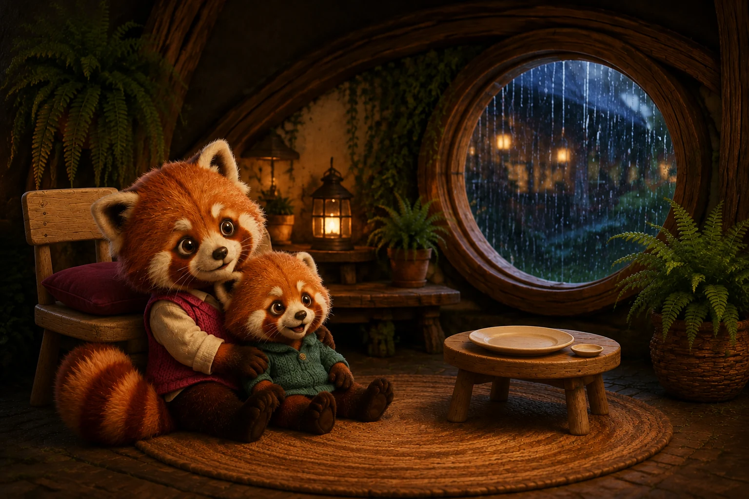 Ori and Ben sit close together on the floor beside the empty chair, with plate and saucer nearby.