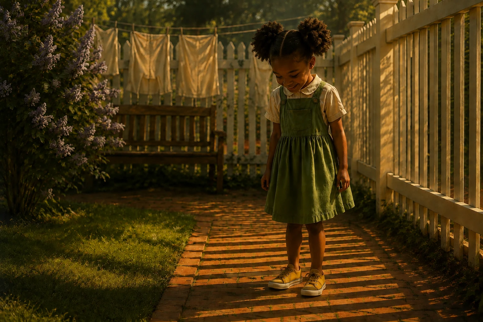 Edda looks down at her yellow shoes on a brick path crossed by long fence shadows.