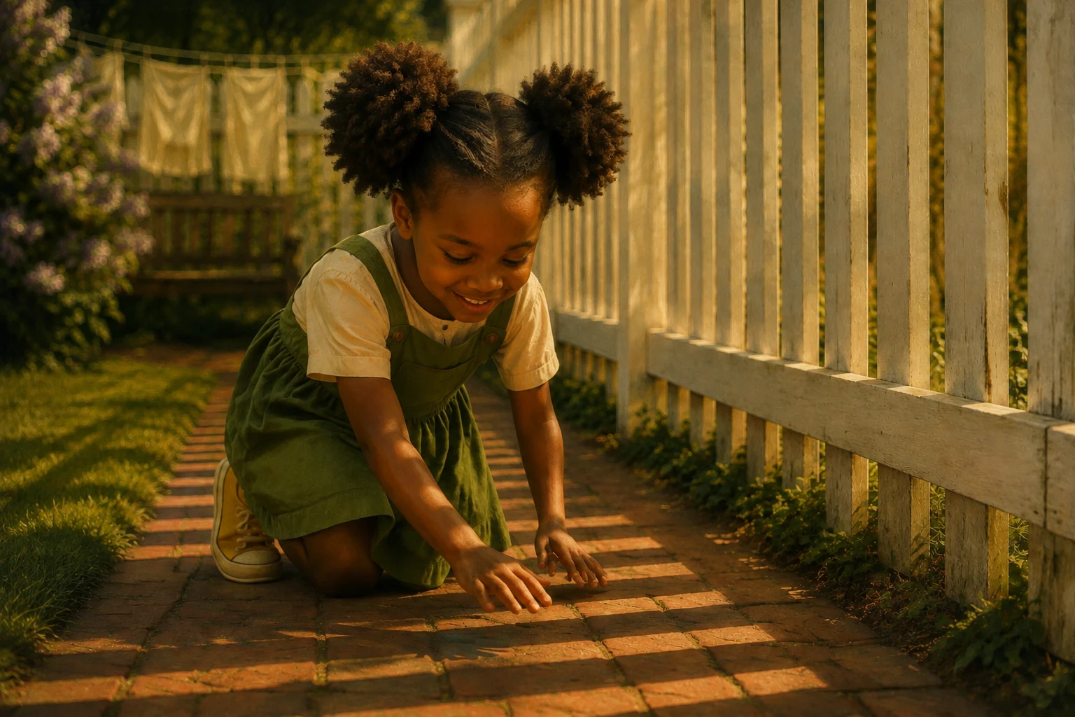 Edda kneels beside the white fence and places her hands across bright and shaded bricks.