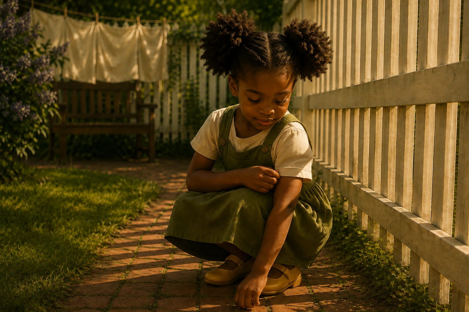 Edda crouches beside a shadow stripe, touching her sleeve while reaching toward the brick path.