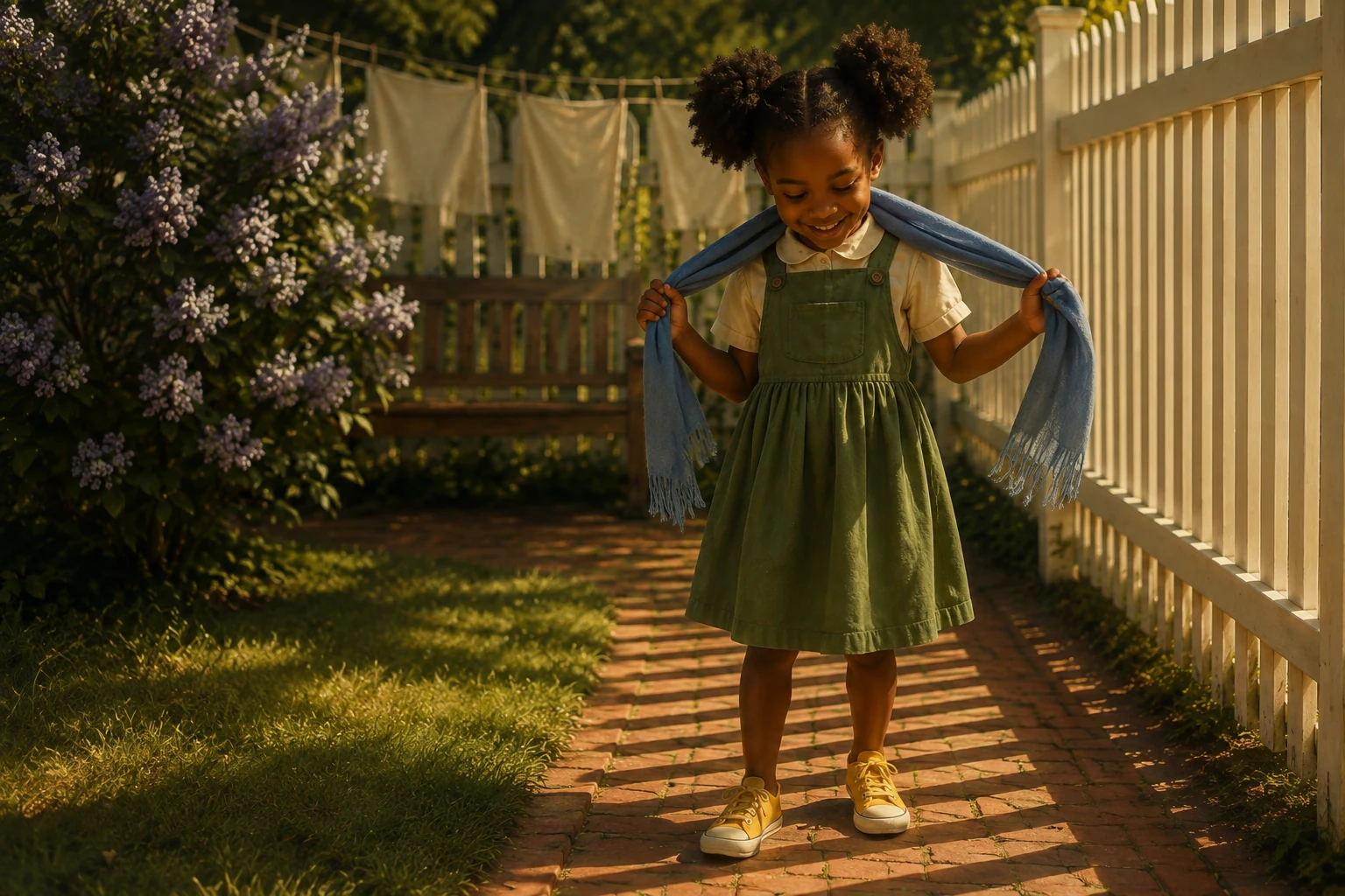 Edda smiles with a long plain blue scarf stretched behind her shoulders in the sunny garden.
