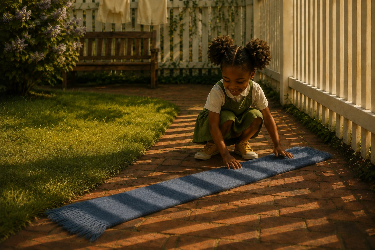 Edda spreads the blue scarf along the brick path, where broad fence shadows cross its fabric.