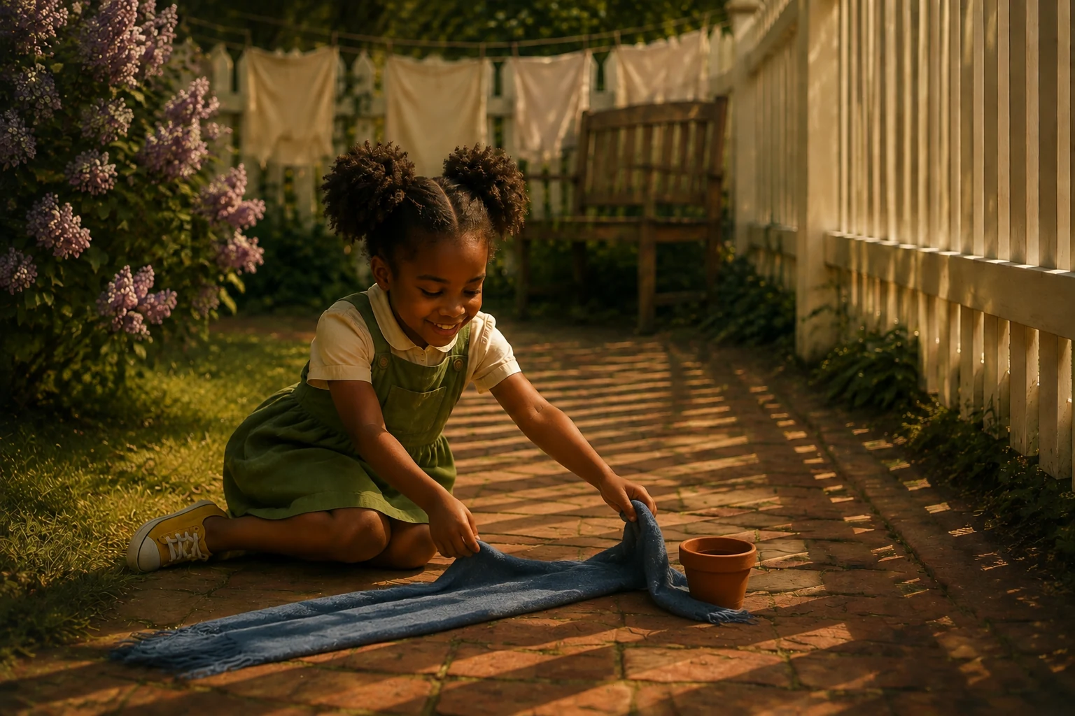 Edda bends the far end of her long blue scarf beside a small empty terracotta pot.