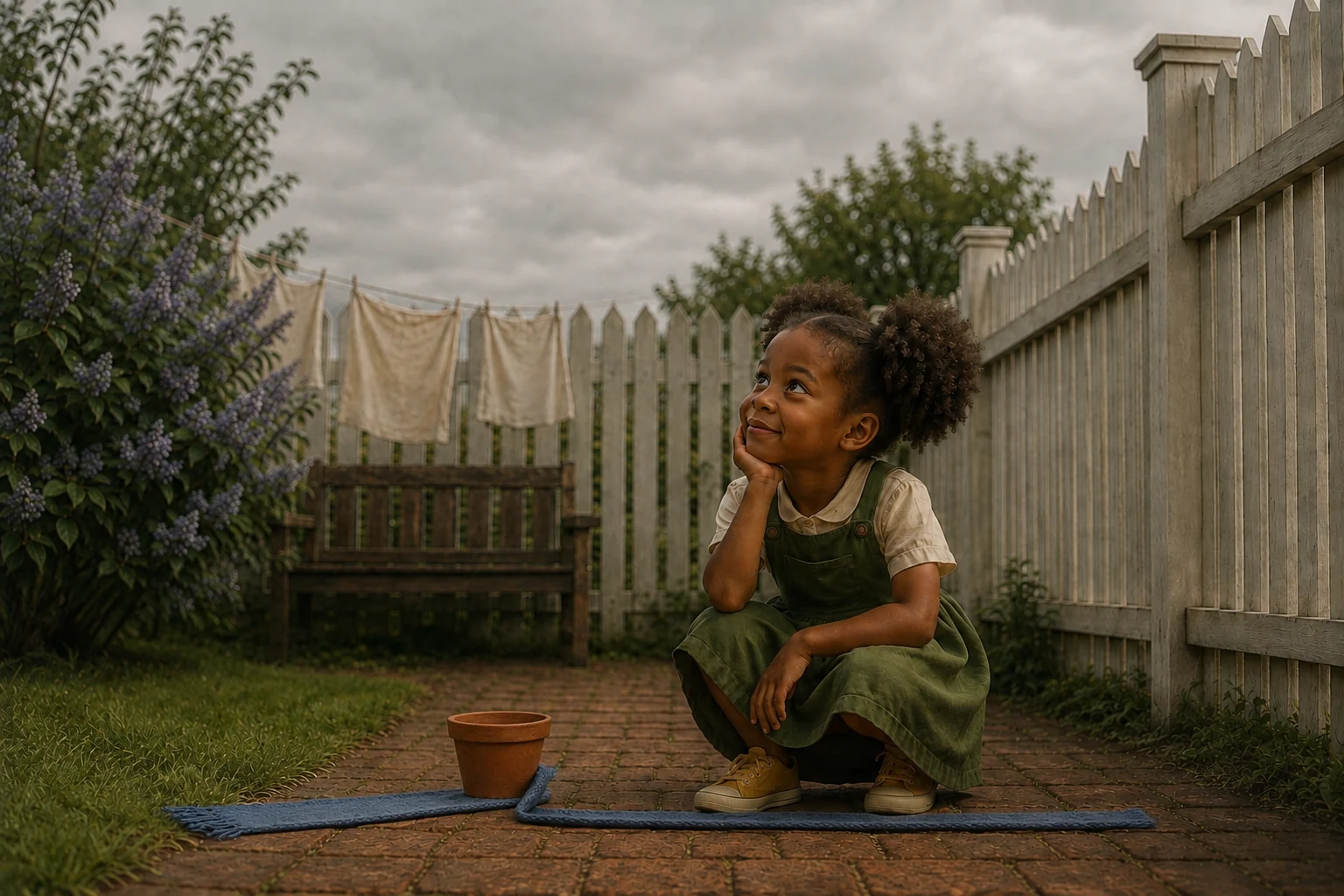 Under a gray sky, Edda looks upward beside the bent scarf and pot; the stripes have disappeared.