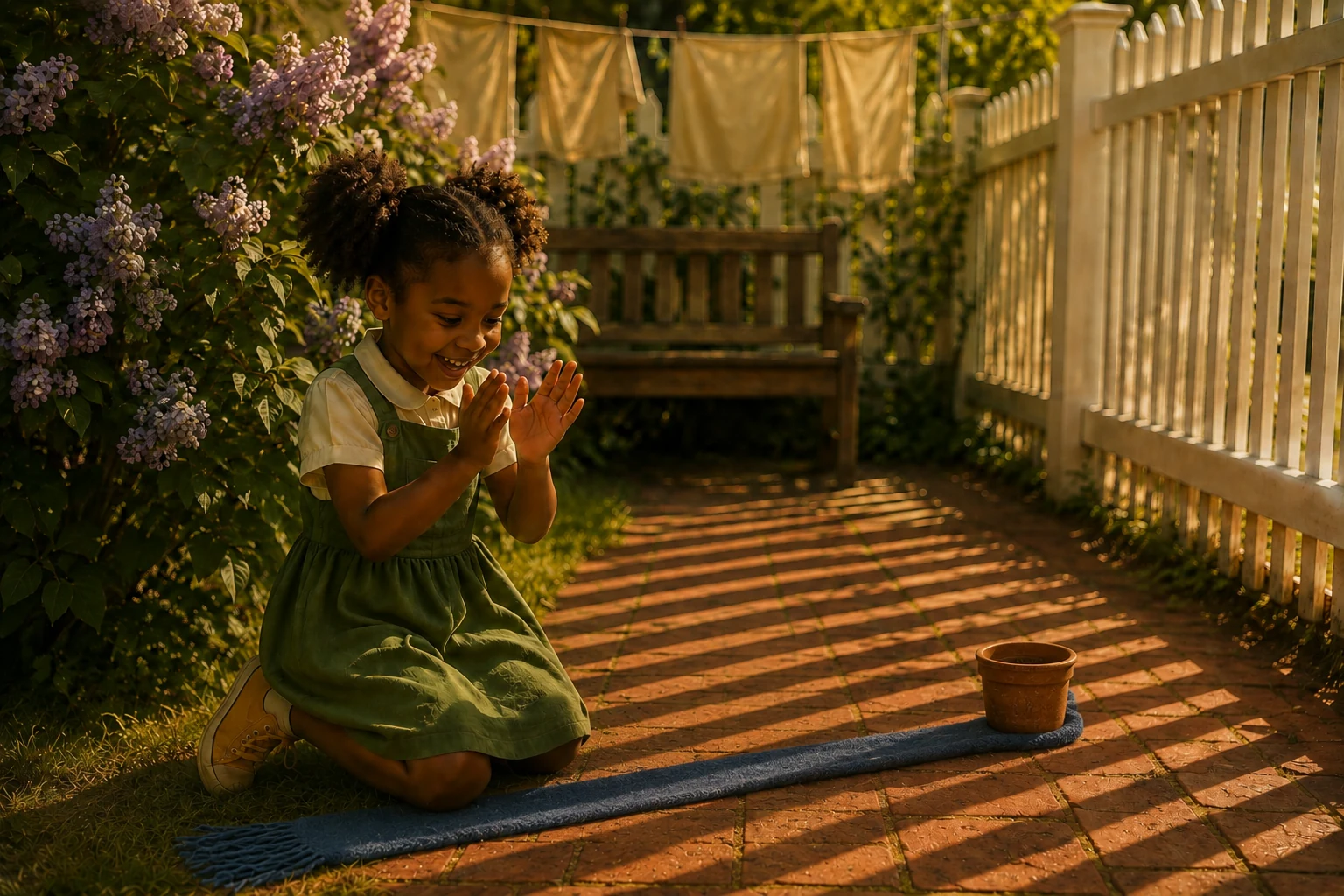 Sunshine and fence shadows return as Edda claps beside the long blue scarf and empty pot.