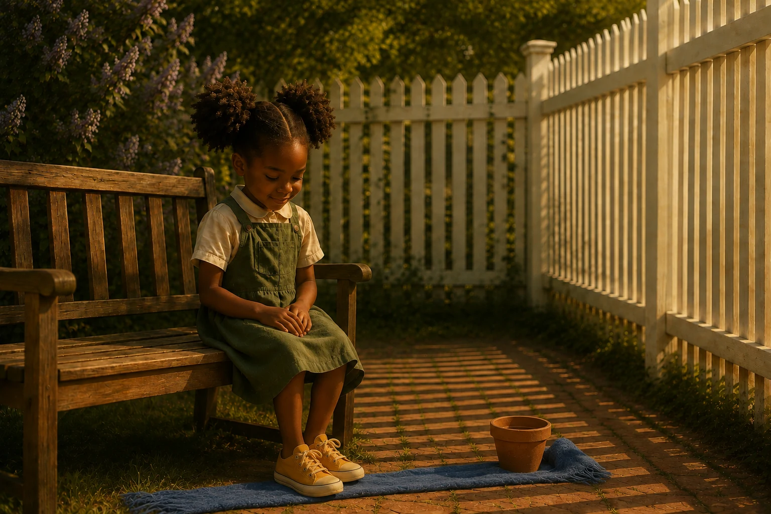 Edda sits quietly on a wooden bench, looking toward the pot and scarf beside the changing shadows.