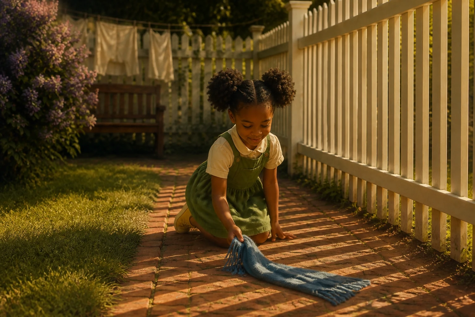 Edda kneels on the path and draws one end of the fringed blue scarf toward herself.