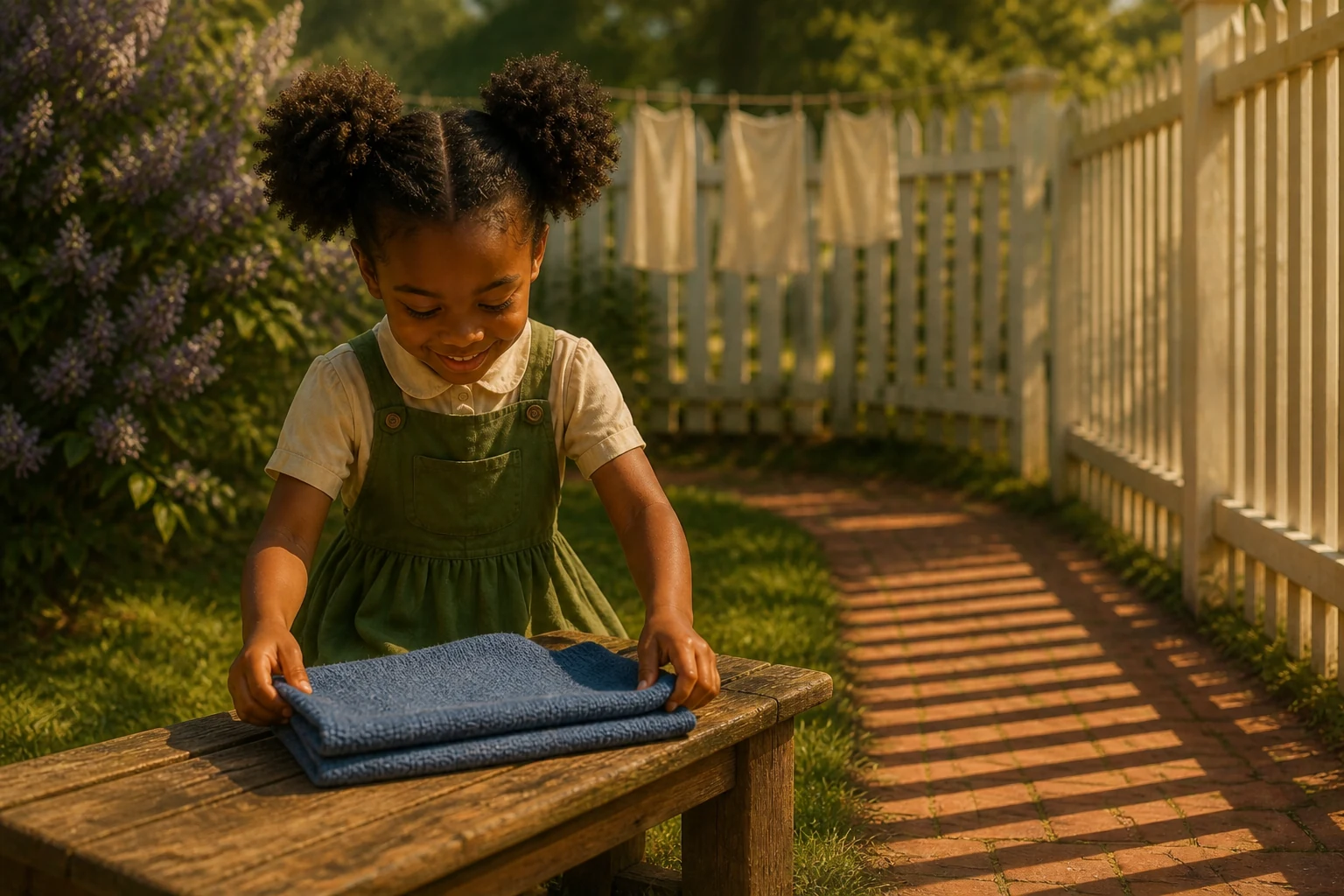 Edda folds the blue scarf on a wooden bench while stripes still cross the garden path.