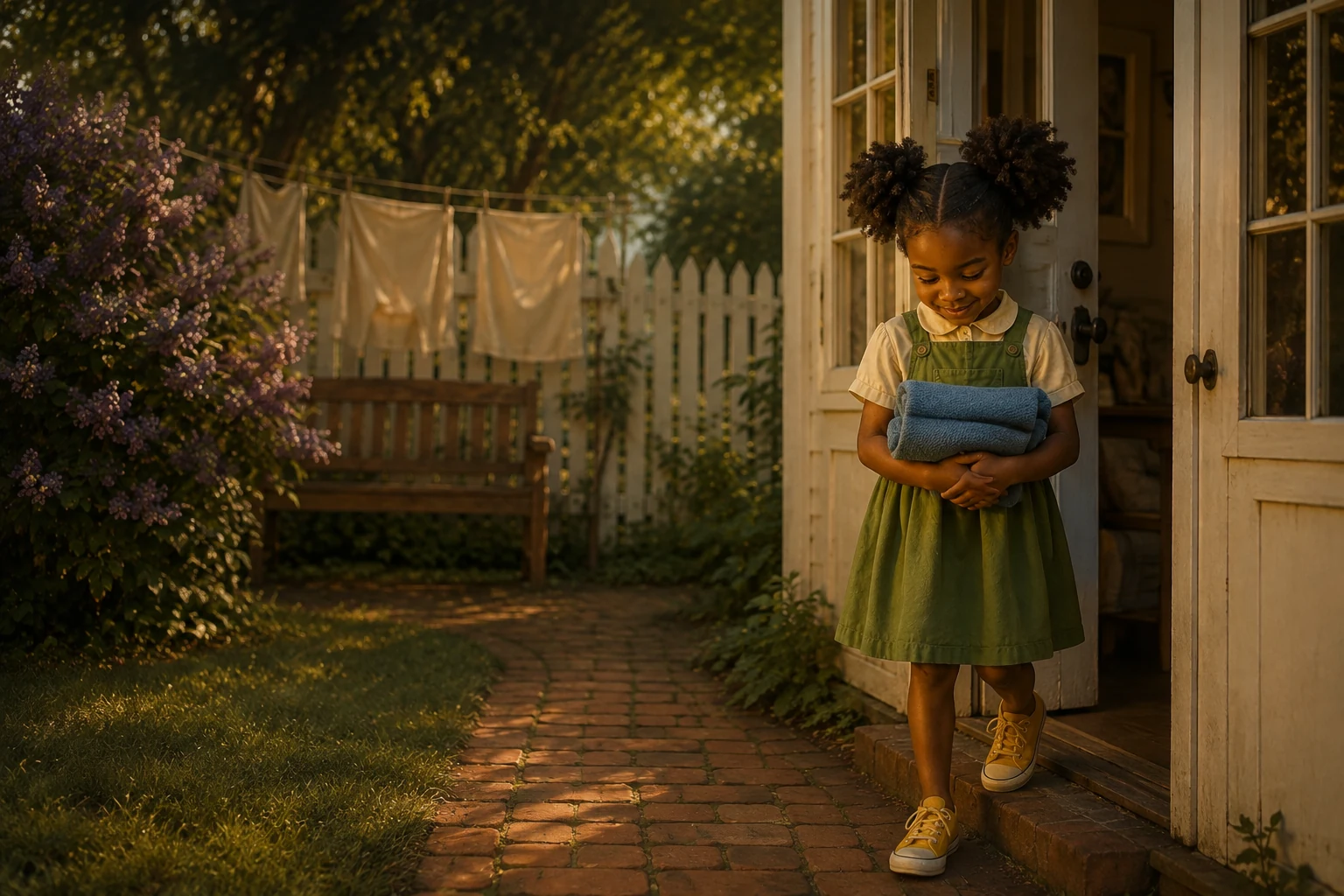 Edda stands at the open cottage door holding her folded blue scarf as the garden grows shaded.