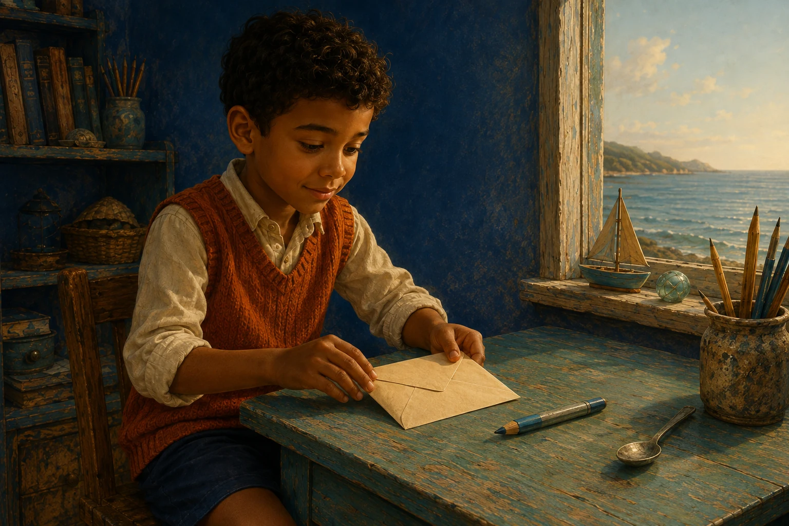 Noel opens a cream envelope at a turquoise table beside a spoon and a window overlooking the sea.