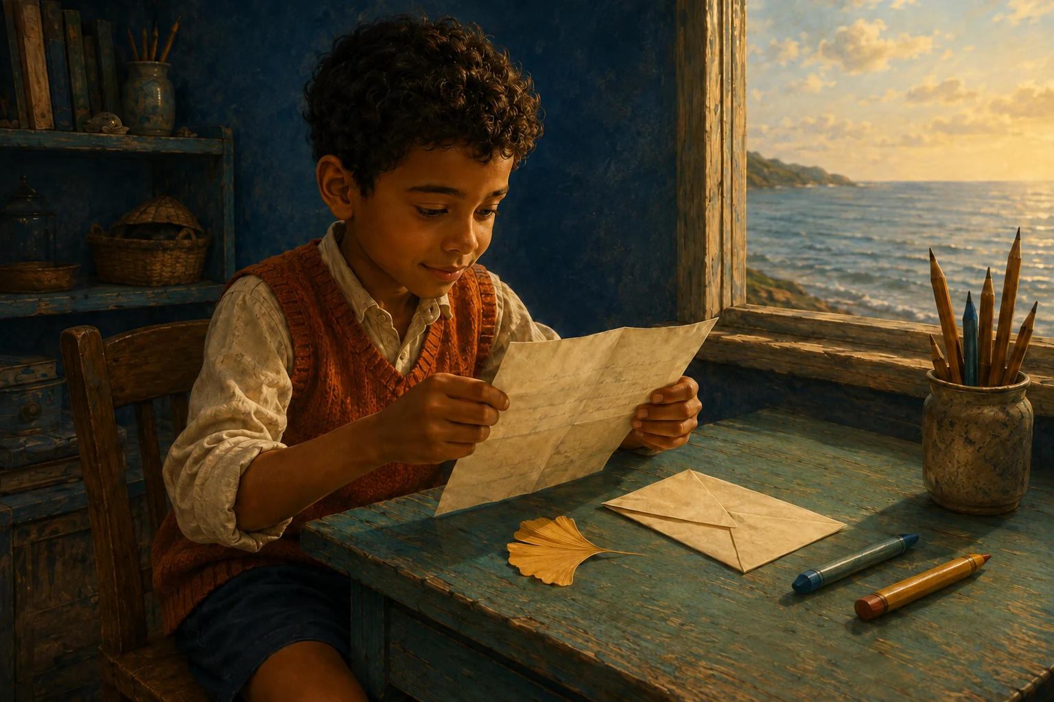 Noel holds Gran's unfolded letter while a yellow fan-shaped leaf lies beside its envelope on the table.