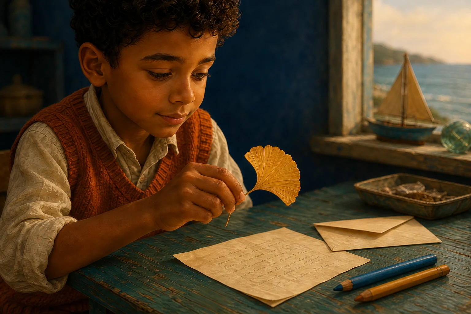 Noel holds the yellow leaf by its stalk, looking closely at fine lines spreading toward its edge.