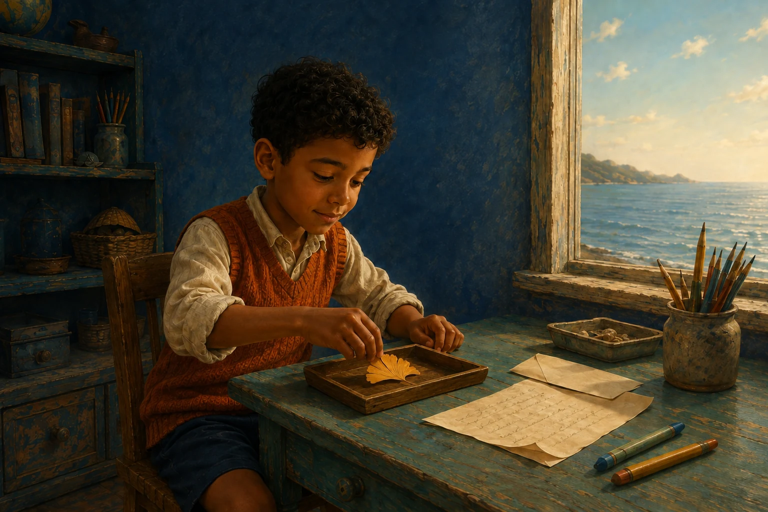 Noel gently lowers the yellow leaf into a shallow wooden tray beside the letter on the turquoise table.