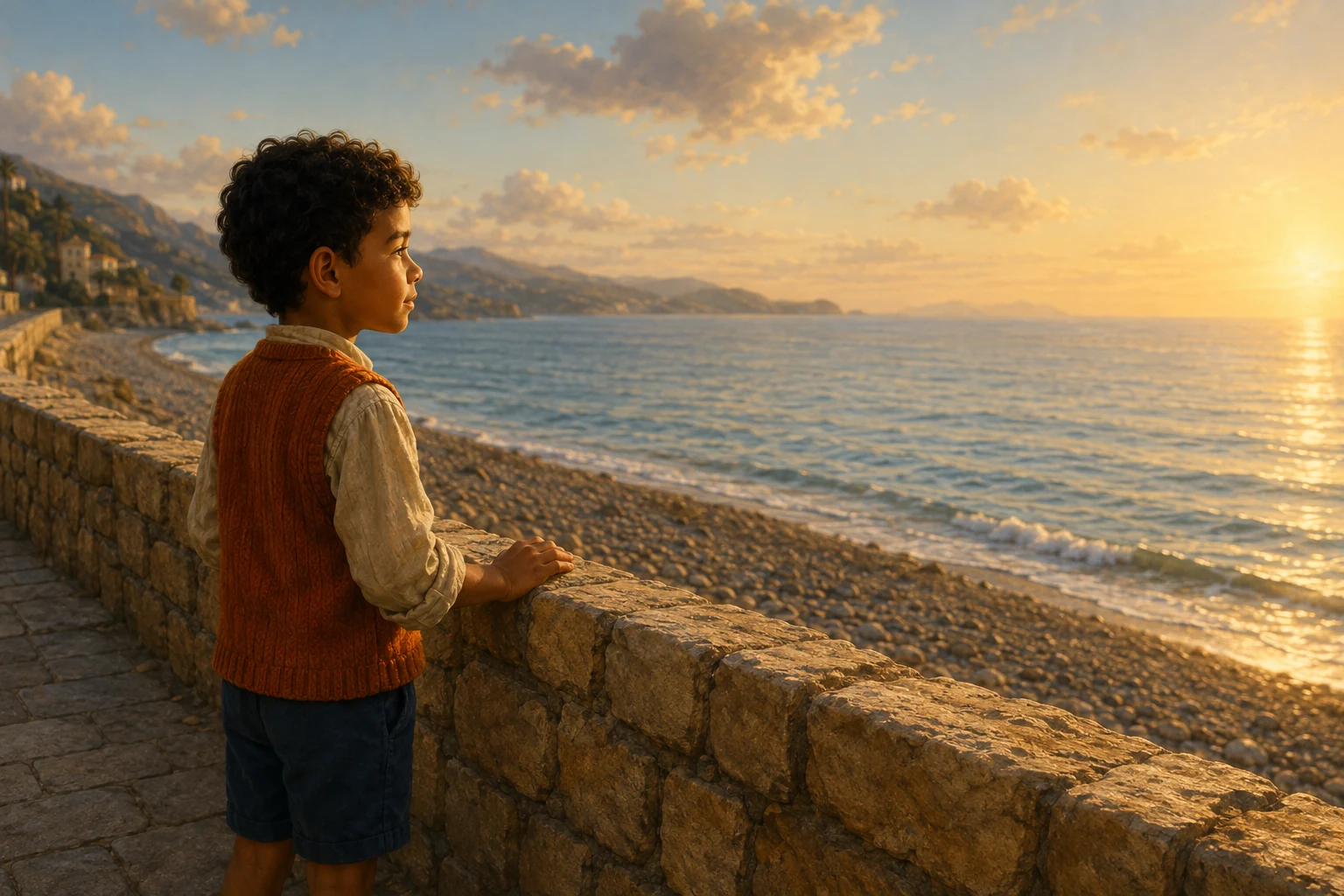 Noel stands on a dry promenade behind a low stone wall, watching golden light cross the sea.
