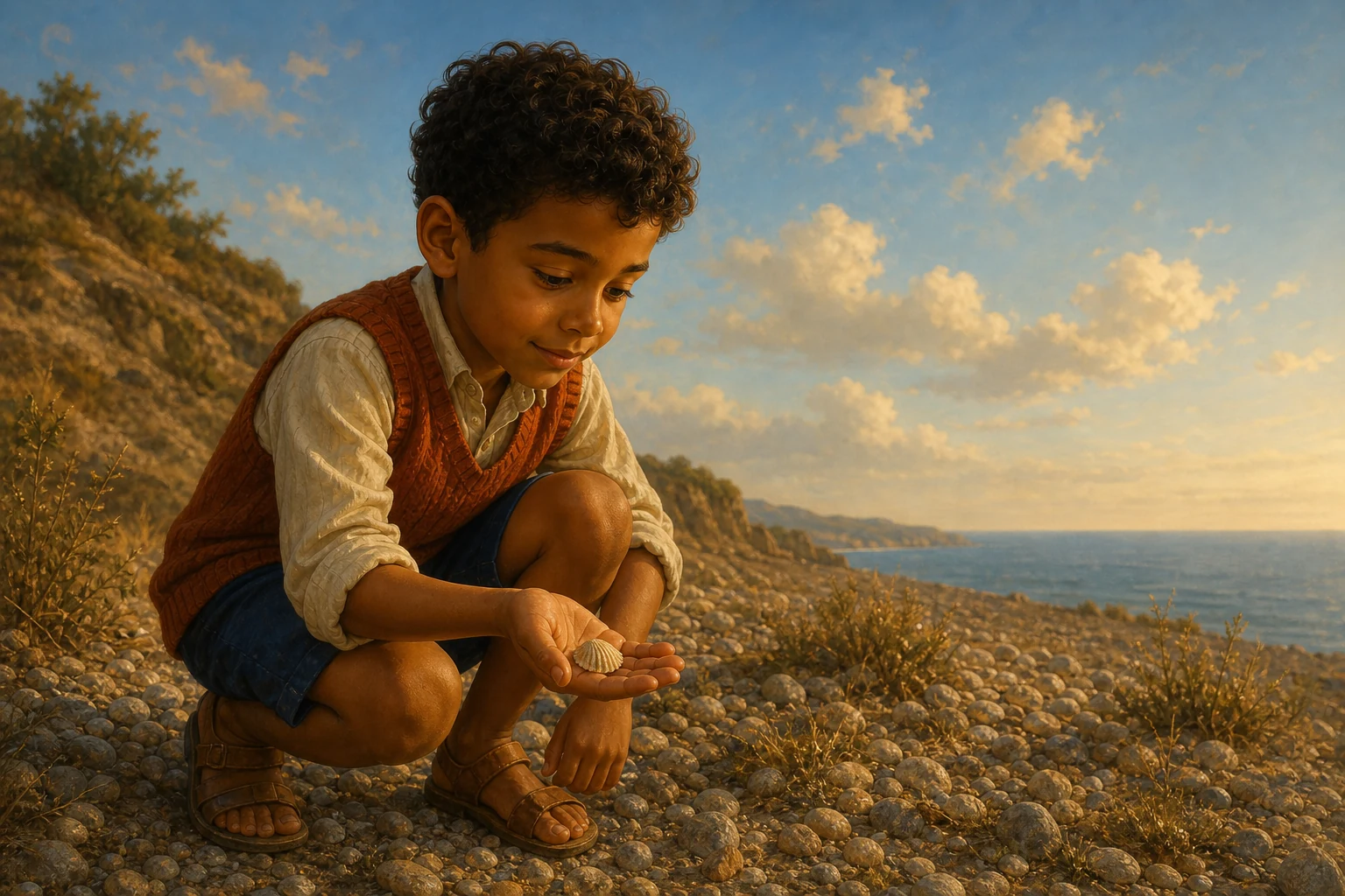 Noel crouches among dry pebbles high above the water, studying a small ridged shell in his palm.