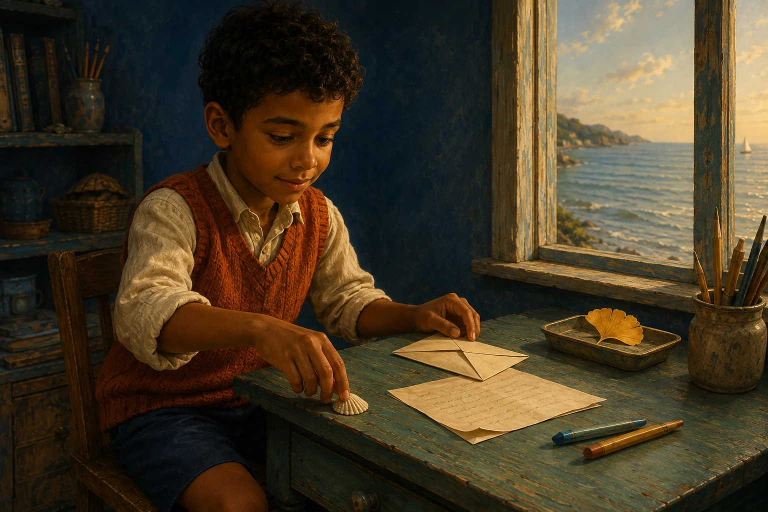 Back at the table, Noel rests his fingers on the shell beside a plain envelope and his waiting page.