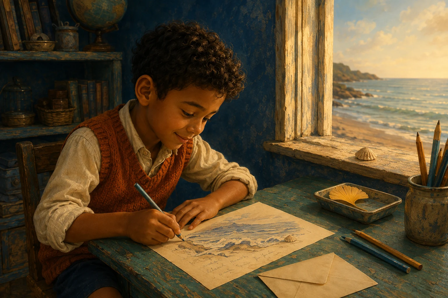 Noel adds writing beneath a developed drawing of the shore; the real shell rests on the windowsill.