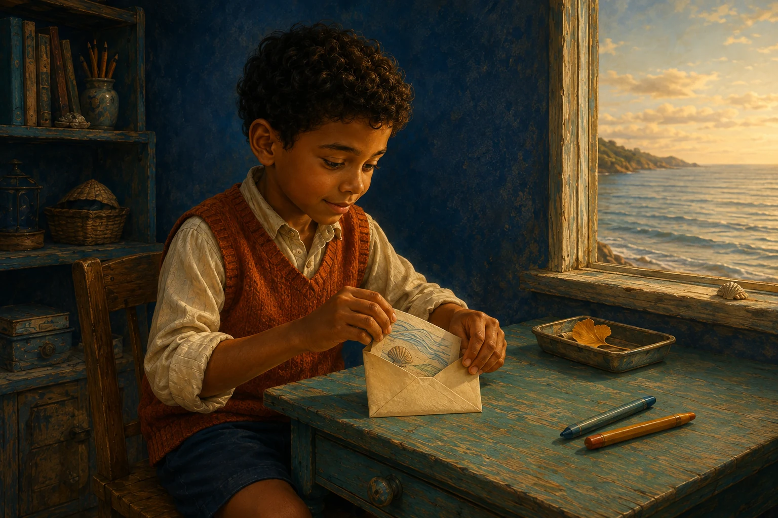 Noel slips his folded sea drawing into a plain envelope at the turquoise table beside the window.