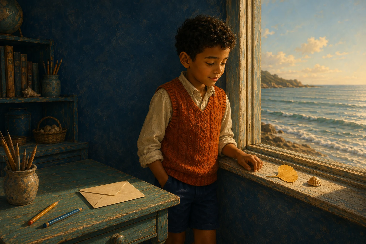 Noel stands by the window looking at Gran's yellow leaf and the small shell together on the sill.