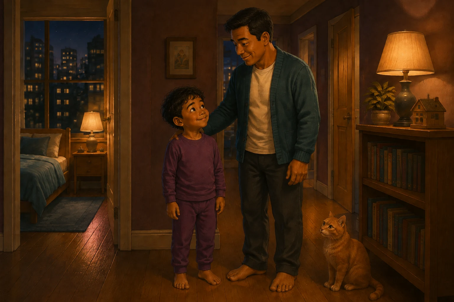 Koa looks up at Dad in their warmly lit hallway while an orange cat sits beside the bookshelf.