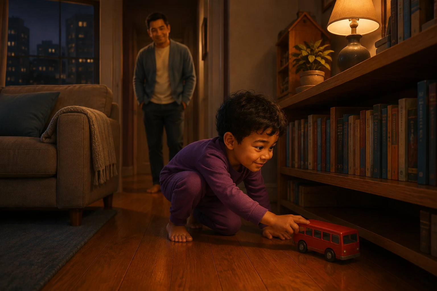 Koa crouches by the living-room shelf and rolls his red toy bus into the space underneath.
