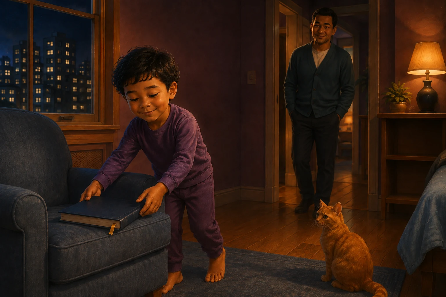 Koa closes a blue book with its ribbon marking a place while Dad and the orange cat watch.