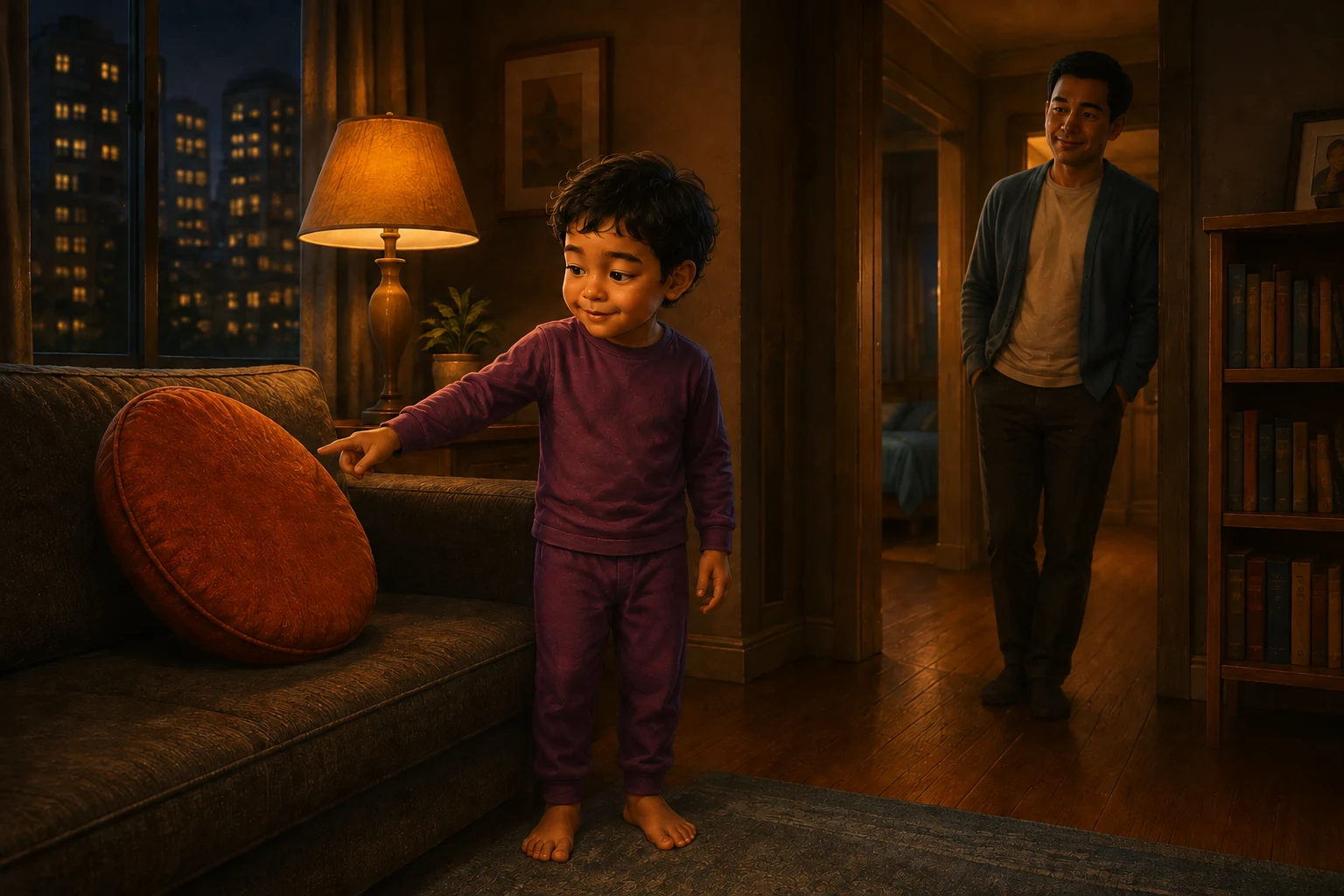 Koa points at a round orange cushion leaning sideways on the sofa while Dad waits in the doorway.