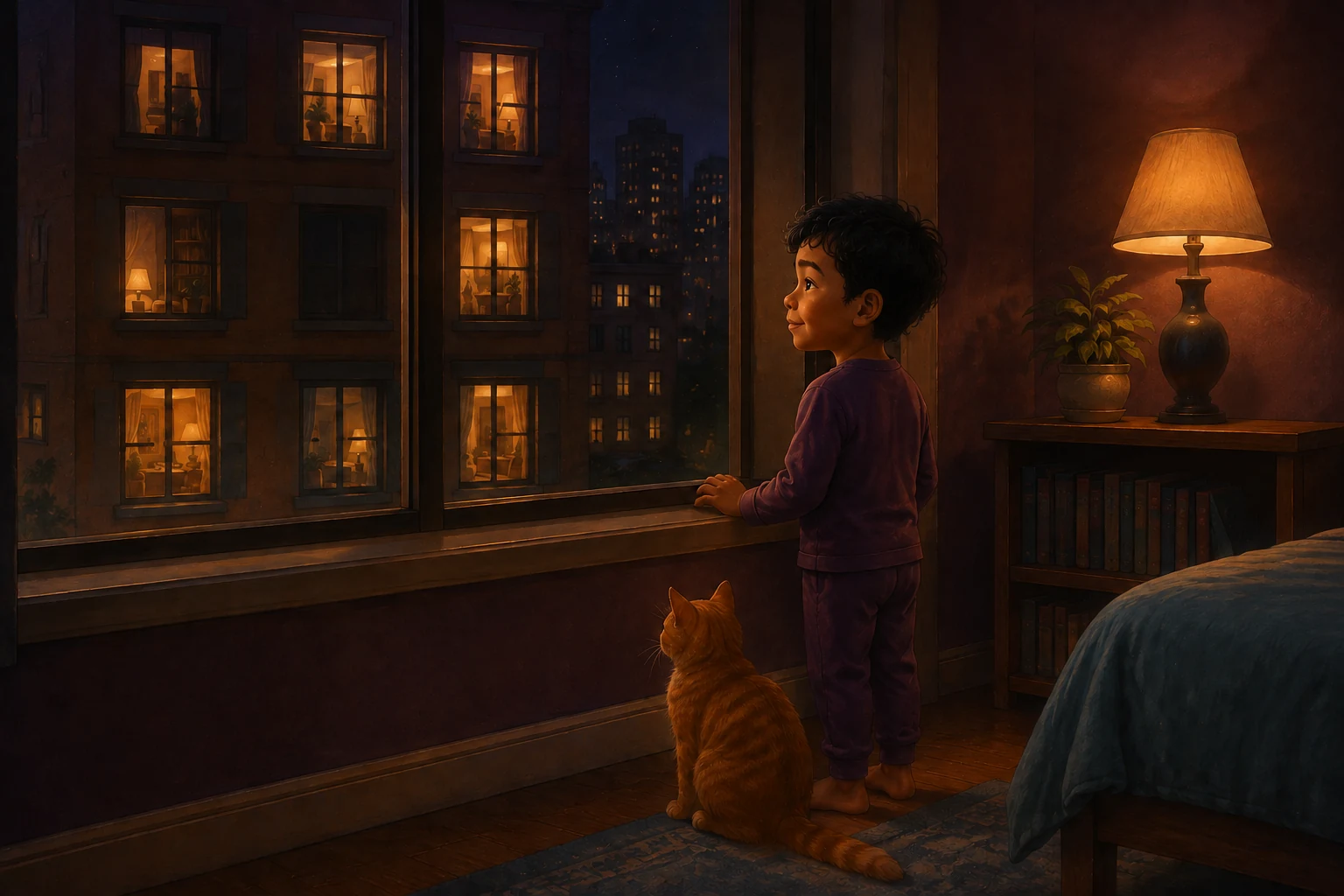 Koa and the orange cat look through the window at the lit and dark windows across the courtyard.