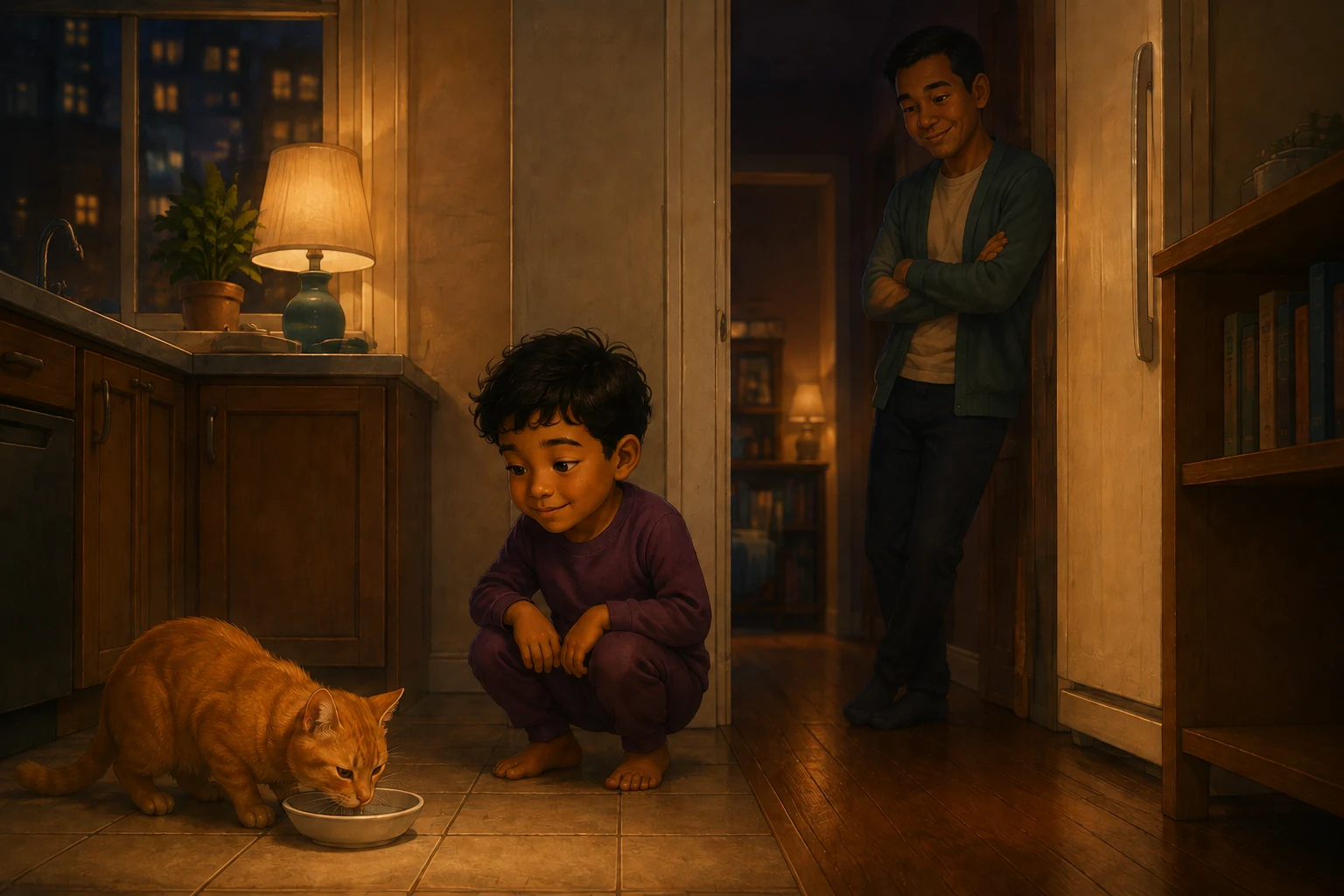 Koa crouches quietly beside the kitchen cabinets while the orange cat drinks from its low bowl.