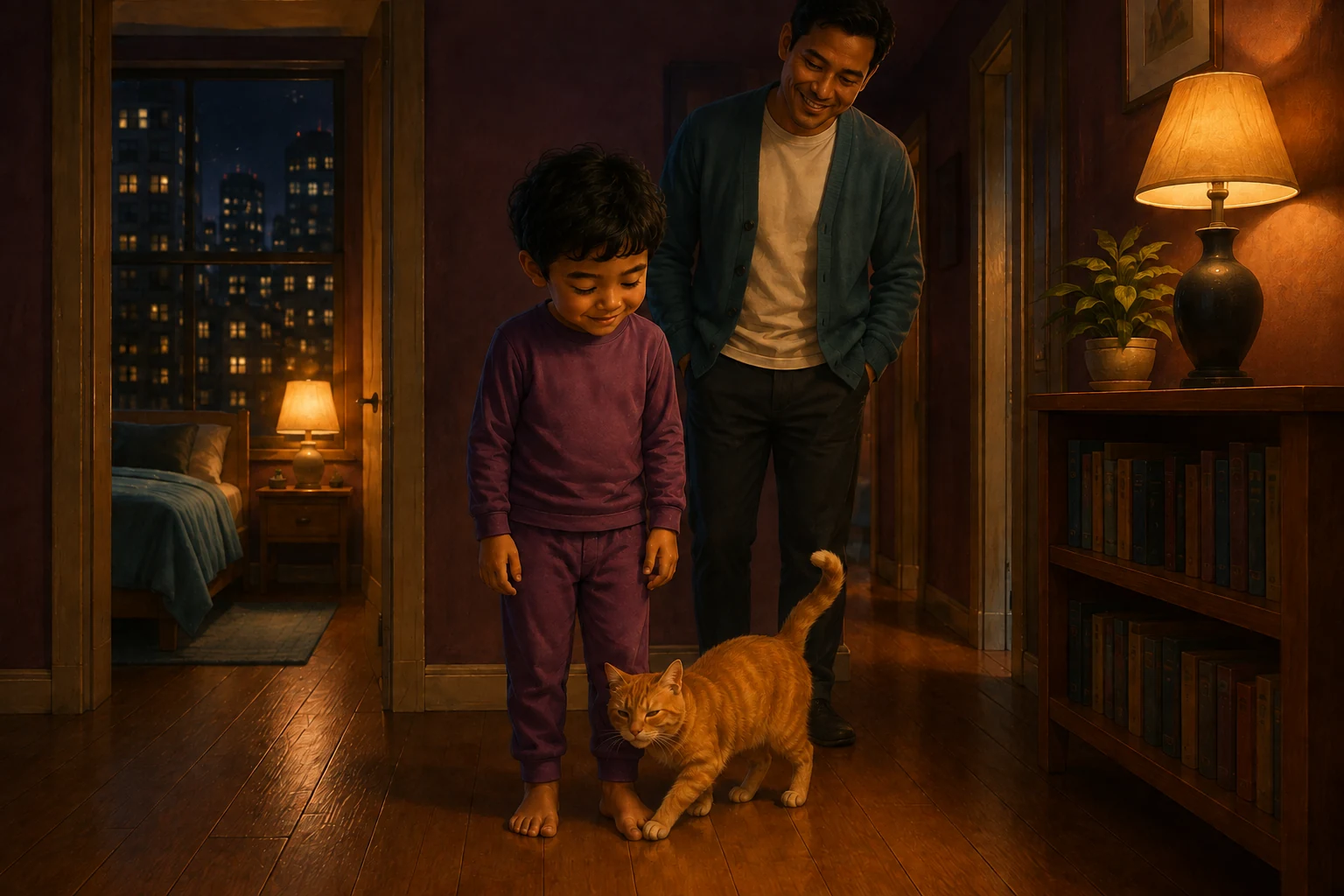 The orange cat rubs against Koa's leg in the hallway as Dad smiles just behind him.