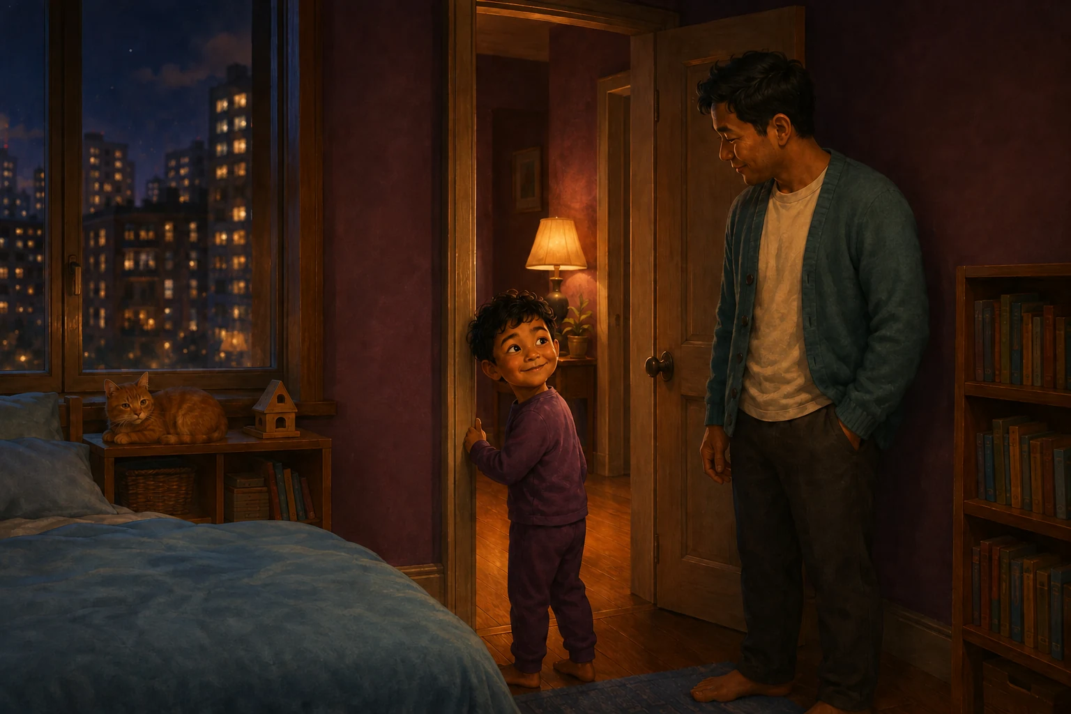 Koa looks back from his bedroom doorway toward Dad and the warm pool of light in the hall.